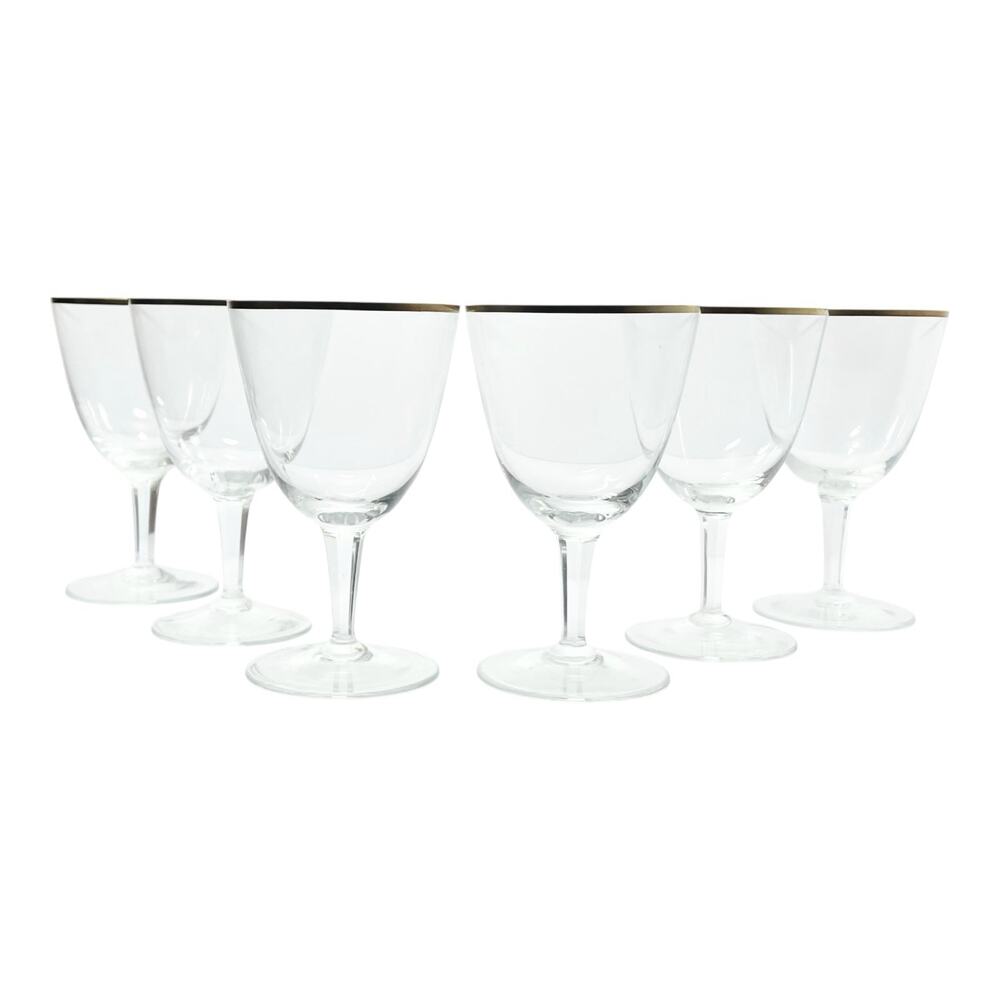1960s Mid-century Vintage Minimalist 6 Gold Rim Crystal Wine Glasses 5 3/4” 10oz